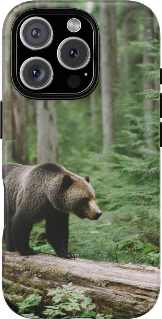 Braunbär auf umgestürztem Baum im Wald – Hülle Kompatibel mit iPhone 16 Pro