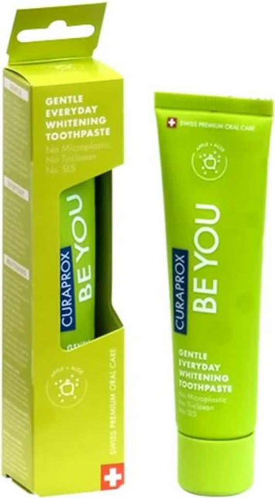 A box and a tube of Curaprox toothpaste are displayed against a white background.