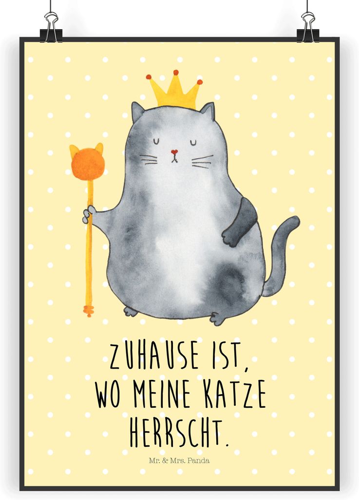 Mr. & Mrs. Panda Bild Katze König DIN A3 - Gelb Pastell - Geschenk, drucke, Kunstdruck, Cats, Wohnung, Wandbild, Haha, Krone, kunstposter, Cat, Qu...