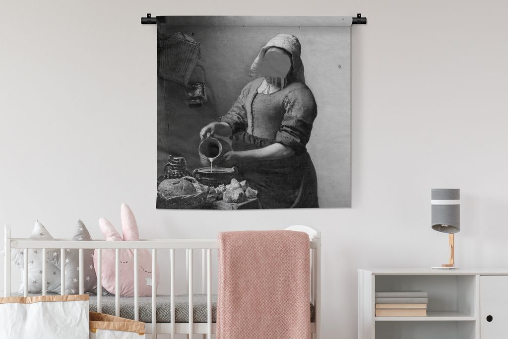 MuchoWow Wandteppich Wandbehang Das Milchmädchen - Johannes Vermeer - Schwarz und weiß 90x90 cm Tapisserie Dekoration Wandtuch - Wandaufhänger