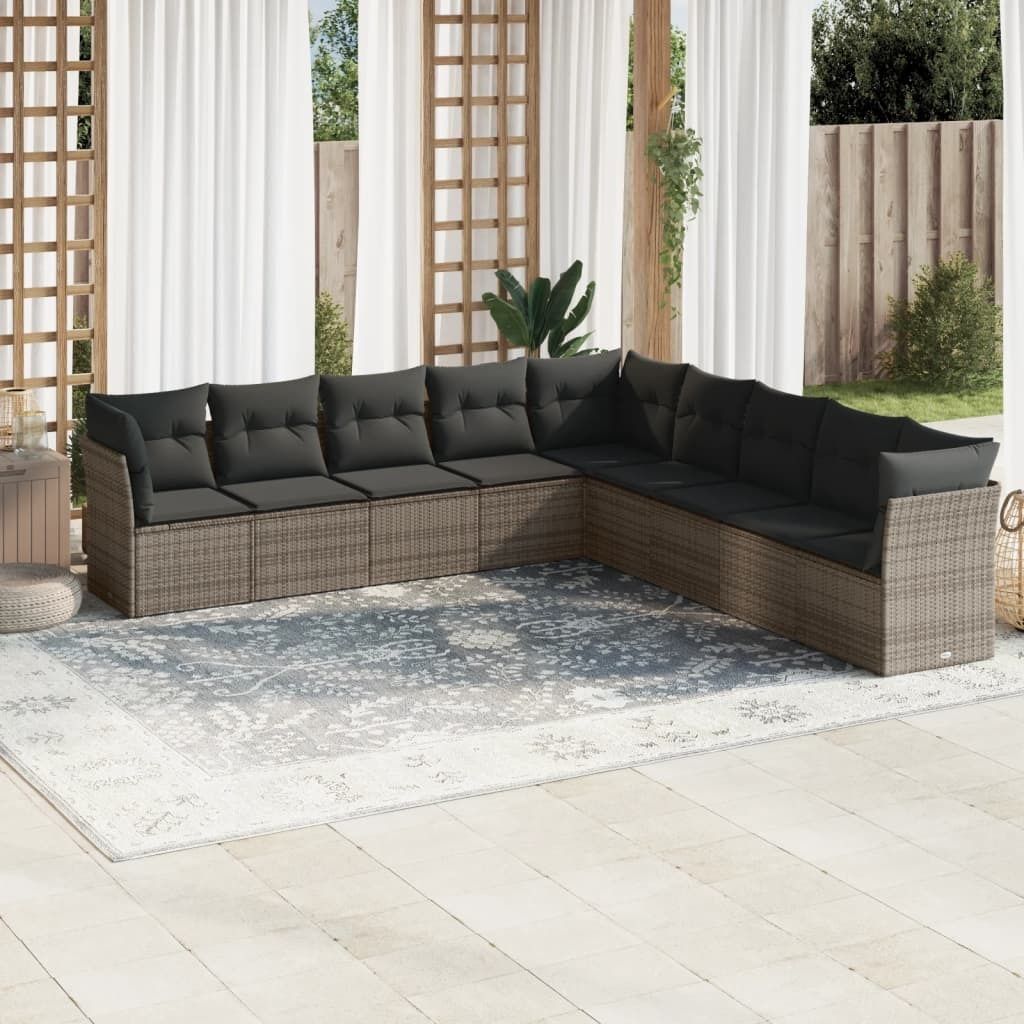 Möbel 9-tlg. Garten-Sofagarnitur mit Kissen Grau Poly Rattan 2024