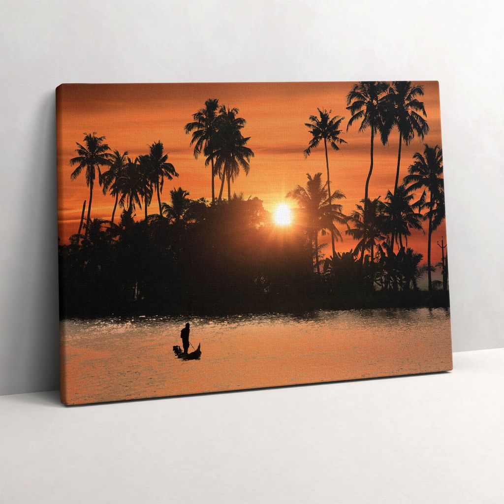 Sonnenuntergang und Palmen im Urlaub – Leinwandbild Wandbild – 80x60 cm – Leinwandbilder – Wandbilder – Schlafzimmer – Flur