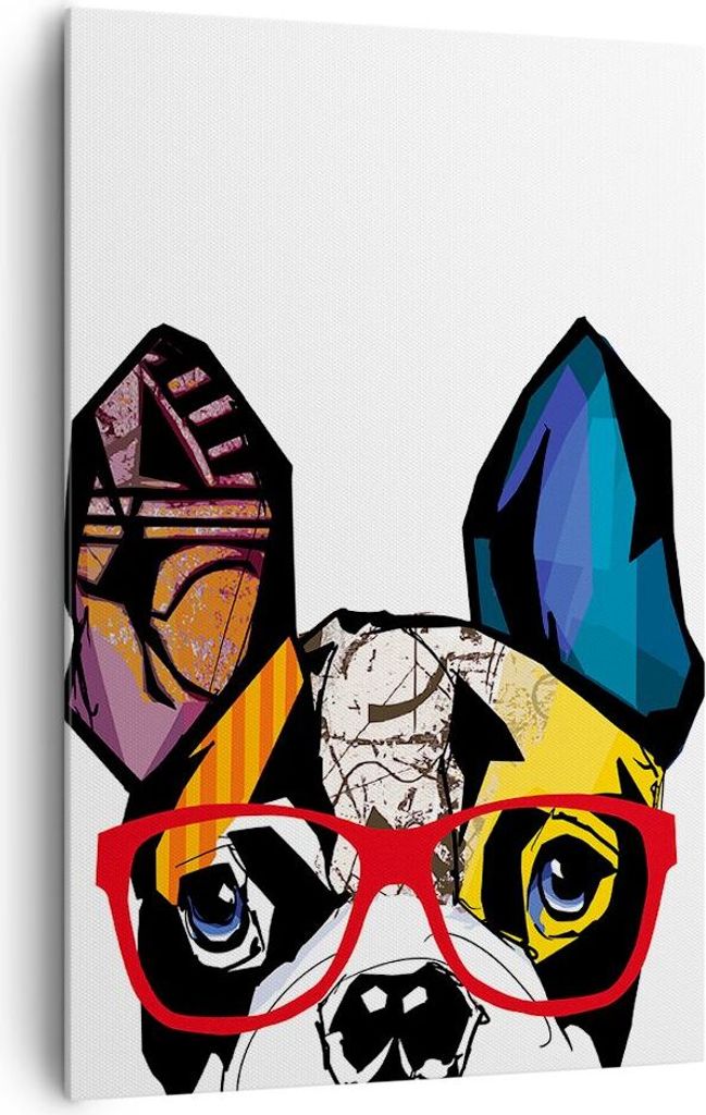 Bild auf Leinwand - Leinwandbild - Einteilig - Hund Brille Bunt Bulldogge - 80x120cm - Wand Bild - Wanddeko - Wandbilder - Leinwanddruck - Wanddeko...