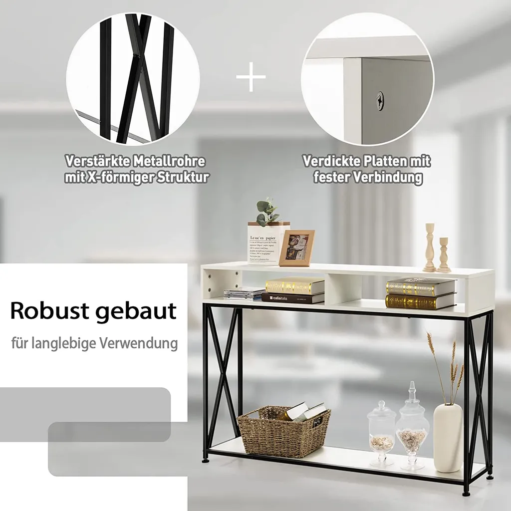 Table console 120cm robuste en acier avec rangement ouvert blanc mat - 4