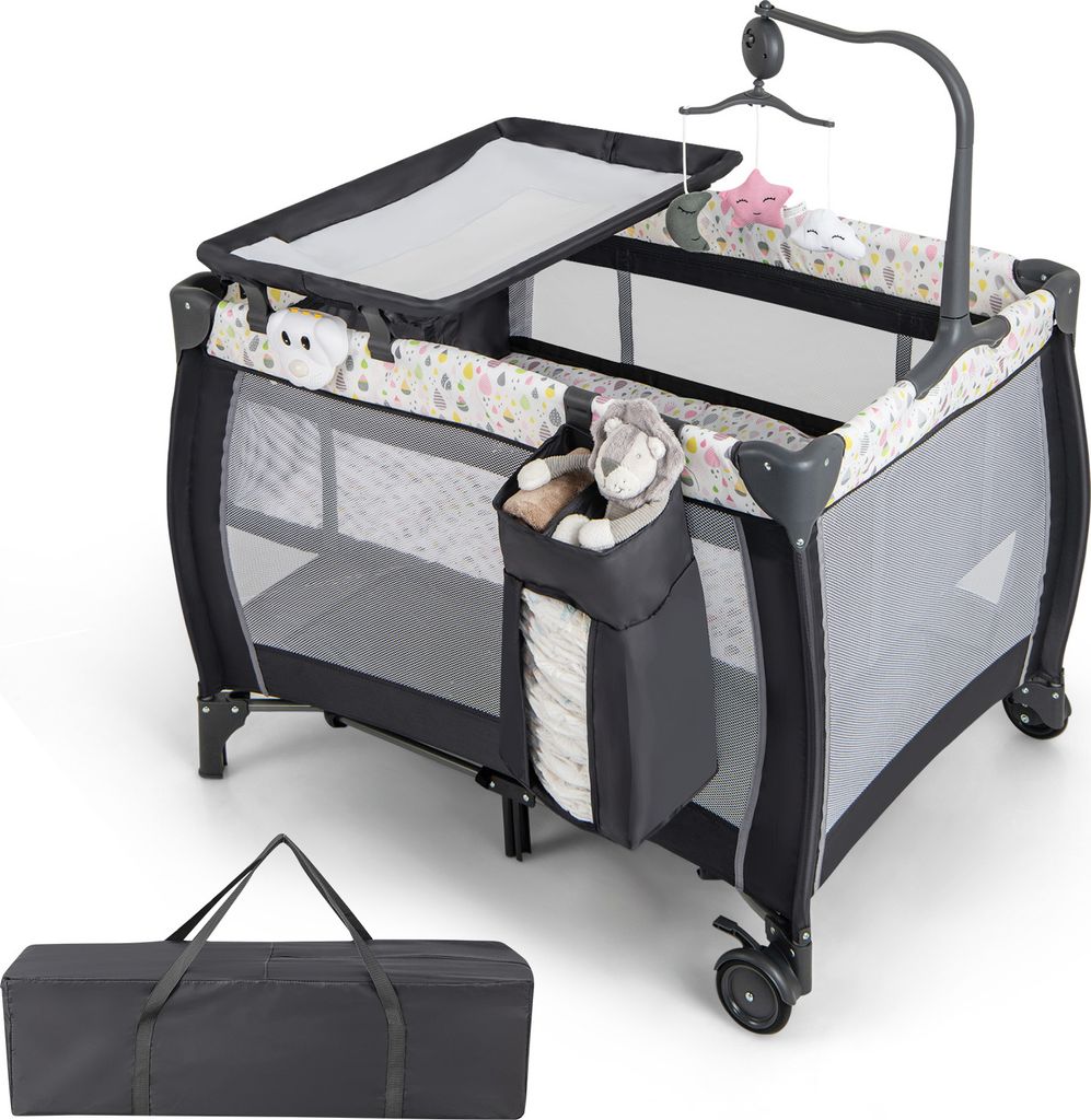 COSTWAY 3 in 1 Beistellbett klappbar, Reisebett mit Matratze Hängespielzeug Spieluhr Wickeltisch, 2 Ebene Babybett mit Rollen für Baby bis 36 Mon...