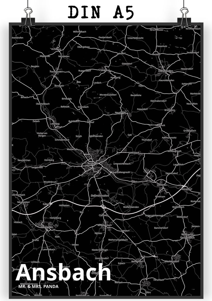 Mr. & Mrs. Panda Bild Ansbach DIN A5 - Geschenk, Wandbild, Stadt Dorf Karte Landkarte Map Stadtplan, kunstposter, Kunstdruck, drucke, poster