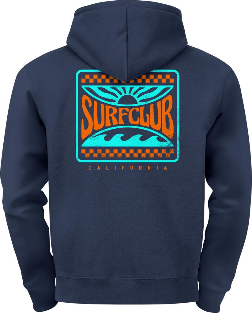 Herren Hoodie Backprint Surfclub California | Surf Design Kapuzensweatshirt mit Retro Grafik Beachwear Style Neverless