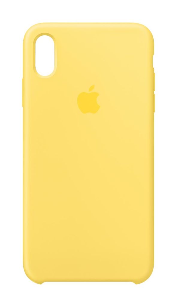 A yellow iPhone case with the Apple logo is shown against a white background.