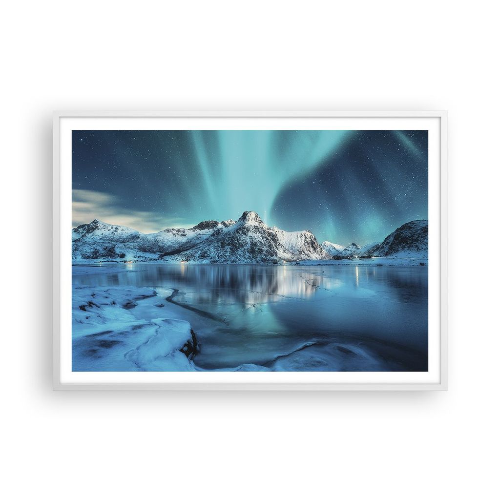 Gerahmtes Poster - Weißer Rahmen - Morgendämmerung Polar Berge - 100x70 cm - Wand Bild - Wanddeko - Wandbilder - Wandposter - Bilderrahmen - Bild...