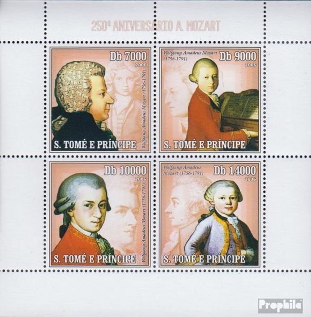 Briefmarken Sao Tome e Principe 2006 Mi 2714-2717 Kleinbogen (kompl.Ausg.) postfrisch Wolfgang Amadeus Mozart