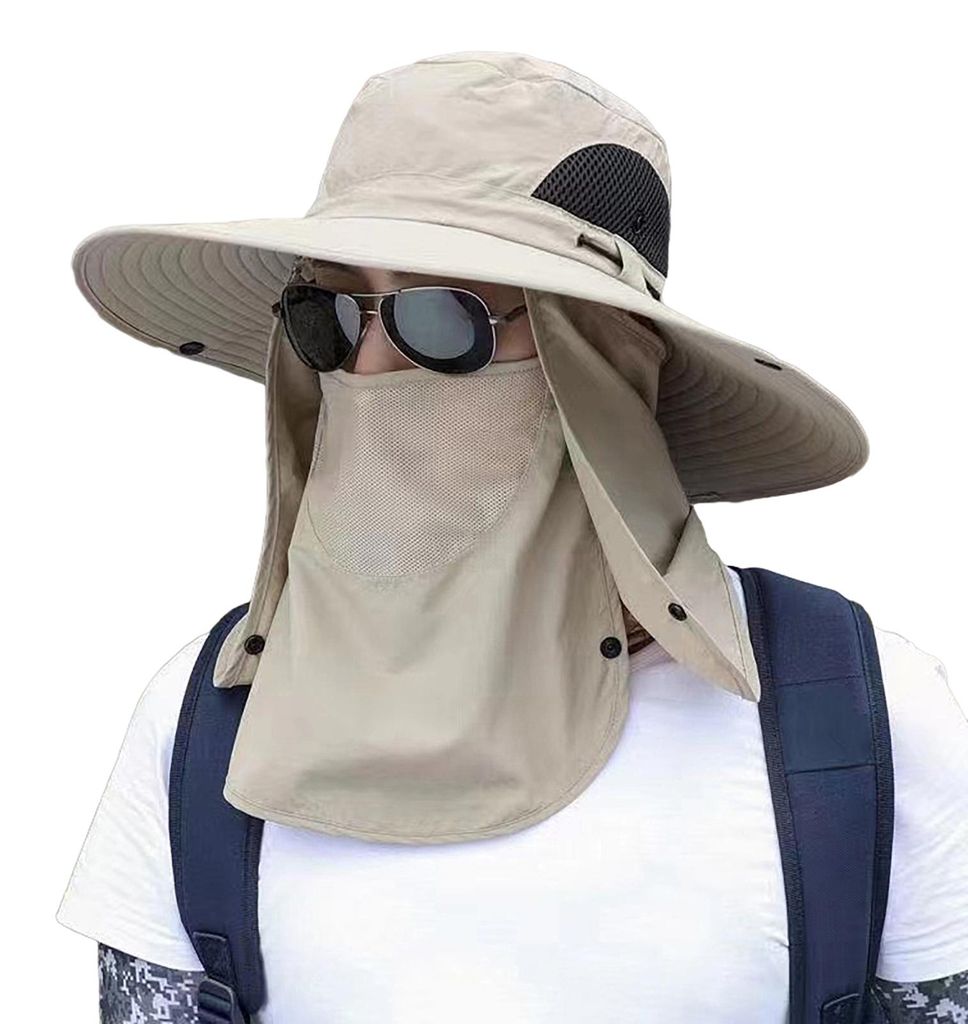 Herren-Fischerhut mit breiter Krempe, atmungsaktivem Mesh-Design, schnelltrocknend, mit Nackenschutz und Gesichtsschutz, Outdoor-Angelhut