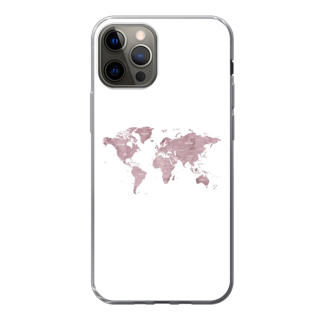 MuchoWow Handyhülle Schutzhülle Hülle für iPhone 13 Pro Weltkarte - Rosa - Weiß Silikon Softcase Handy Hülle - Handy-Tasche