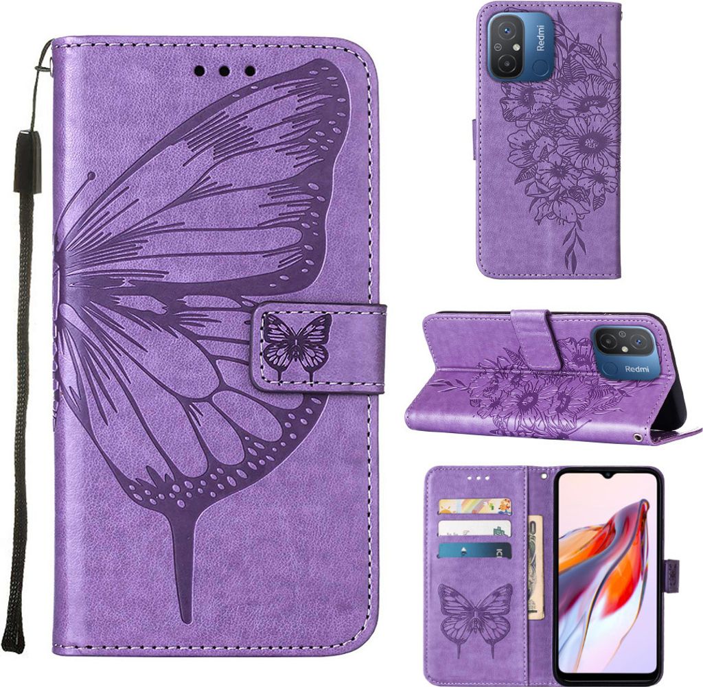 Lederhülle für Xiaomi Redmi 12C /Poco C55 Schmetterling Prägung Flip Ledertasche Kartenfächer Handyhülle mit Ständer Violett
