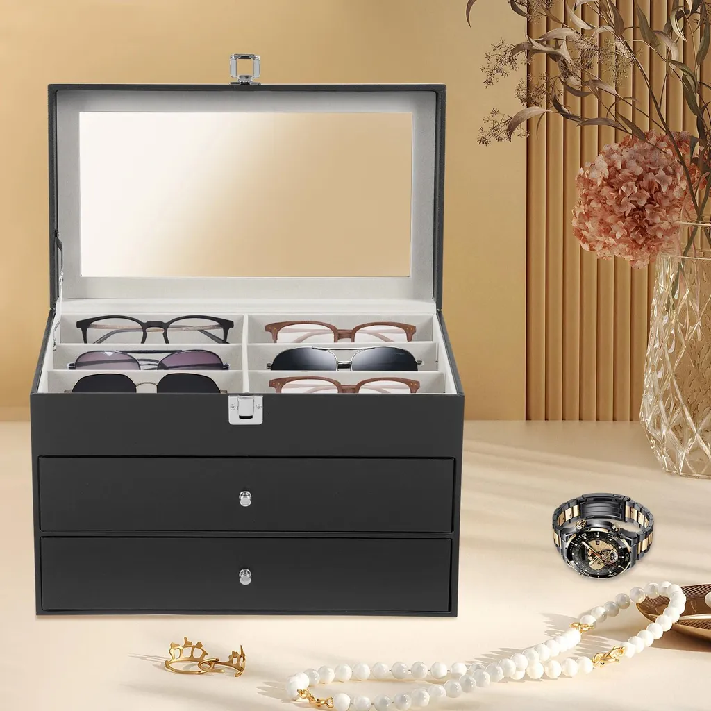 Coffret Lunettes 24 Compartiments 3 Étages Bois Noir - Rangement Top - 6