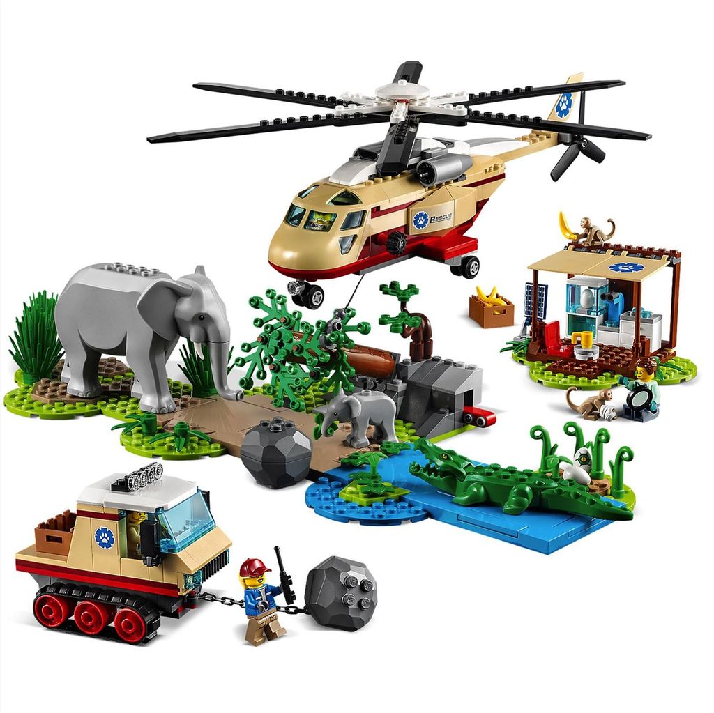 A collection of LEGO City Wildlife Rescue sets arranged on a white background.