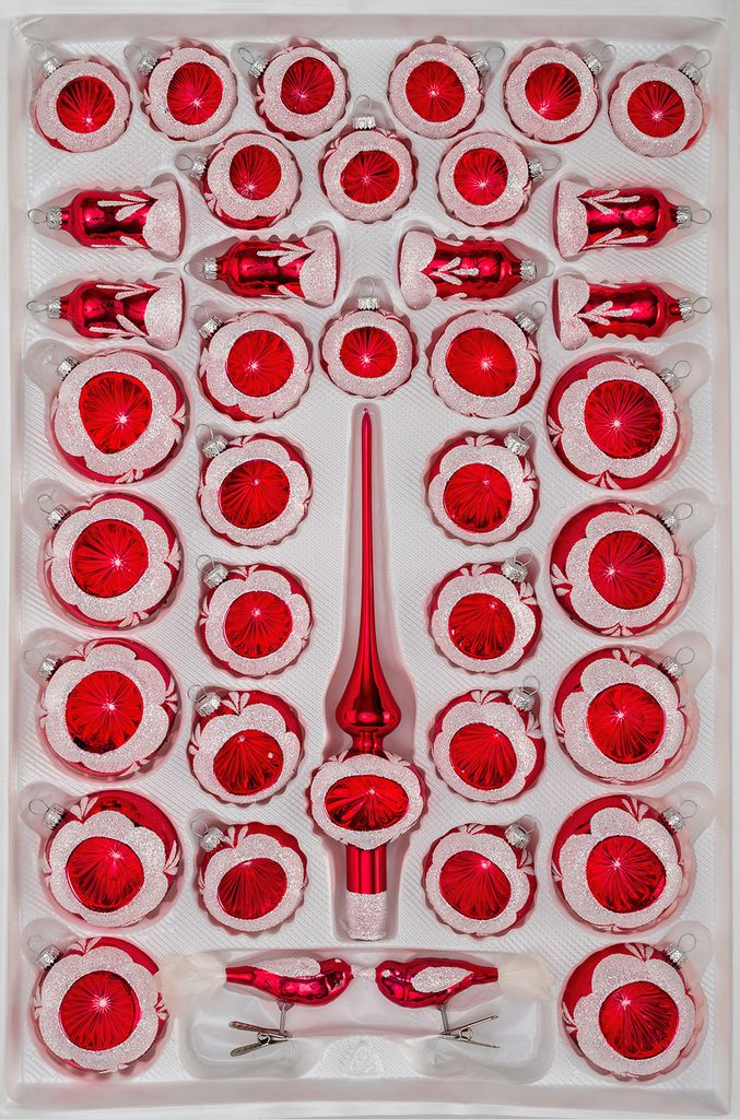 39 tlg. Glas-Weihnachtskugeln Set in Hochglanz Vintage Rot Produktbild 