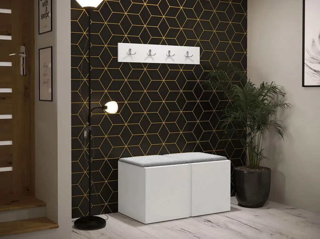 Vestiaire d'entrée compact SELAND 7 avec assise rembourrée gris et blanc