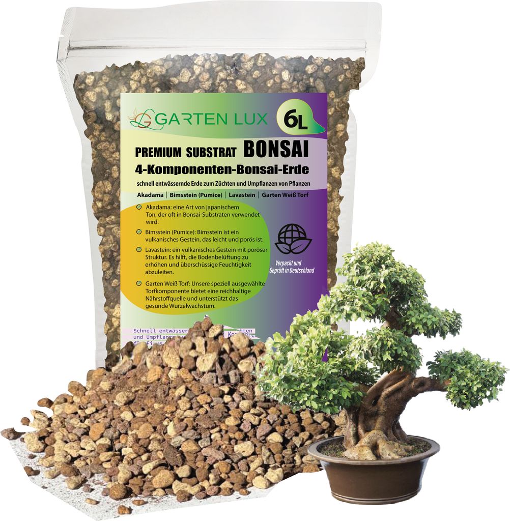 Garten Lux Premium Bonsai Substrat–6L 4-Komponenten Bonsai Erde –schnell entwässernde Erde zum Züchten und Umpflanzen von Pflanzen -Speziell ...