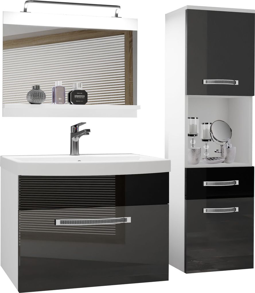 BELINI Badmöbel Vollausstattung Set Waschbeckenschrank, Hochschrank, Waschbecken, Spiegel, Lampe (Silber/ Schwarz, Glänzend)