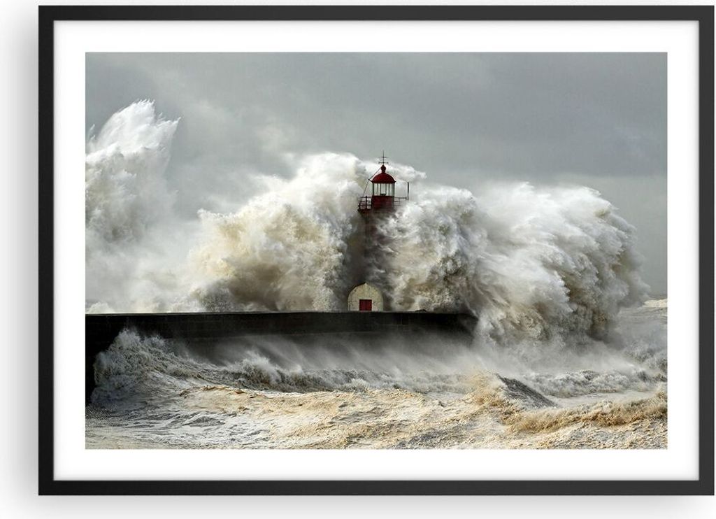 Gerahmtes Poster - Schwarzer Rahmen - Leuchtturm Ozean Sturm - 70x50 cm - Wand Bild - Wanddeko - Wandbilder - Kunstposter - Wandposter - Bilderrahm...