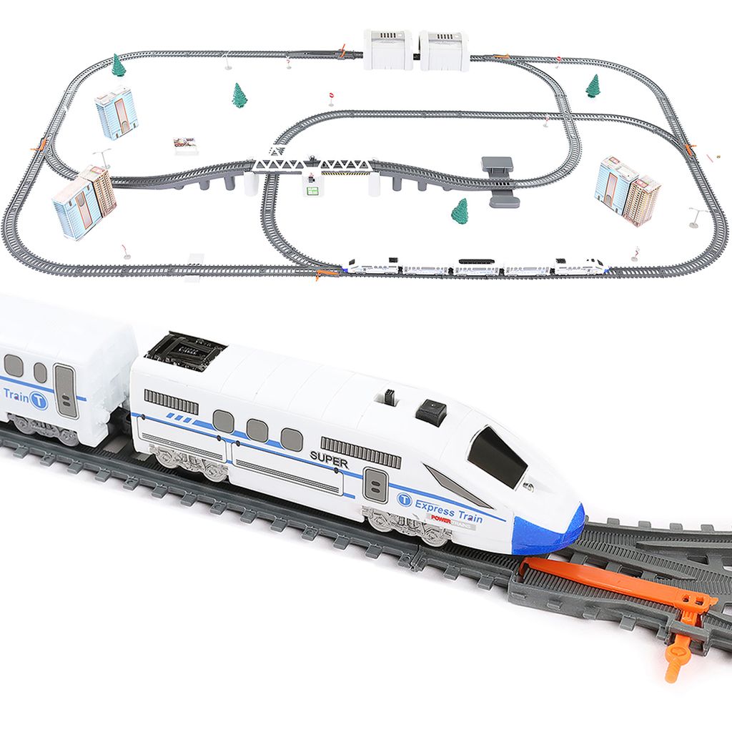 Kinderspielzeug Elektrische Eisenbahn Lok Waggon Schienen Brücke Tunnel Batterie 