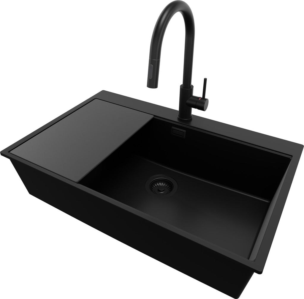 PRIMAGRAN Granitspüle Alles Schwarz 78x50cm, Spülbecken 1 Becken + Küchenarmatur 40x20cm + Ablauf-Set + Schneidebrett, Küchenspüle ab 80er Unt...