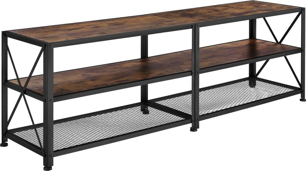 A long, multi-shelf TV stand with a rustic wood finish and black metal frame, shown against a white background.