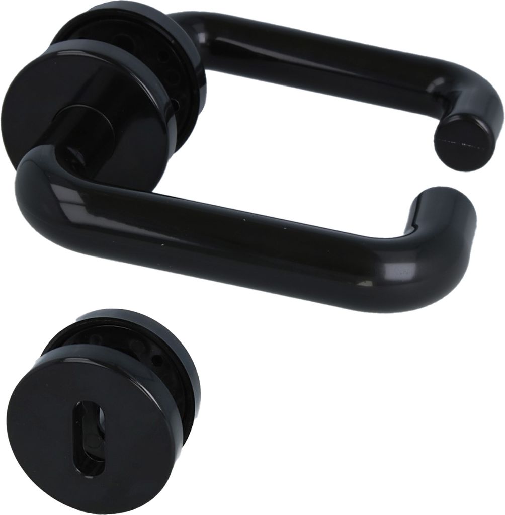A black door handle set and a keyhole escutcheon are displayed against a white background.