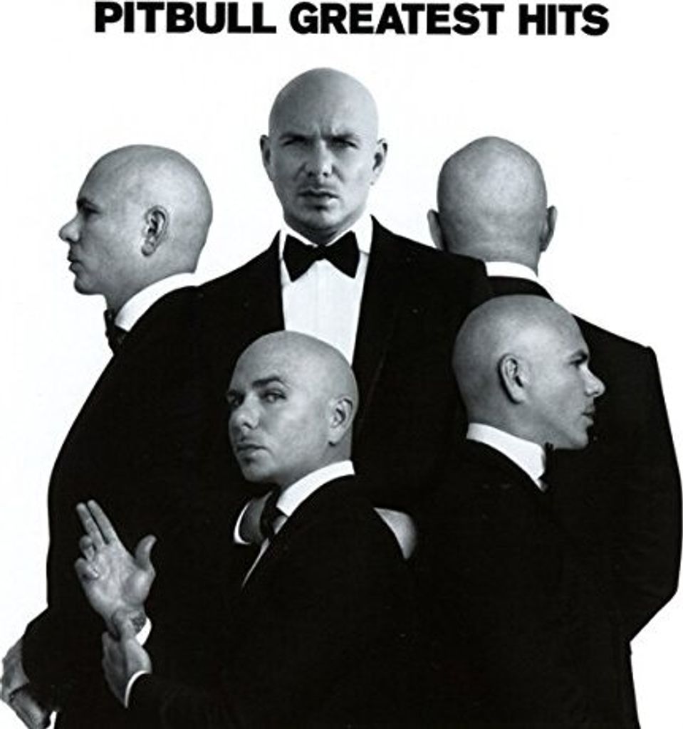 Album cover art for Pitbull's Greatest Hits, featuring multiple images of Pitbull in a tuxedo.