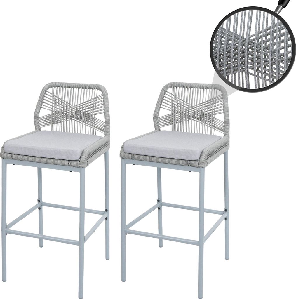 2er-Set Rope-Barhocker MCW-O21, Outdoor Sitzpolster Seilgeflecht Metall hellgrau, Kissen hellgrau