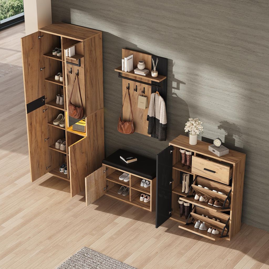 okwish Garderobeschrank-set 4-teiliges Wandgarderobe mit Kleiderschrank,Schuhschrank, Schuhbank und Garderobe,Wandgarderobe mit offenen Staufach,Na...
