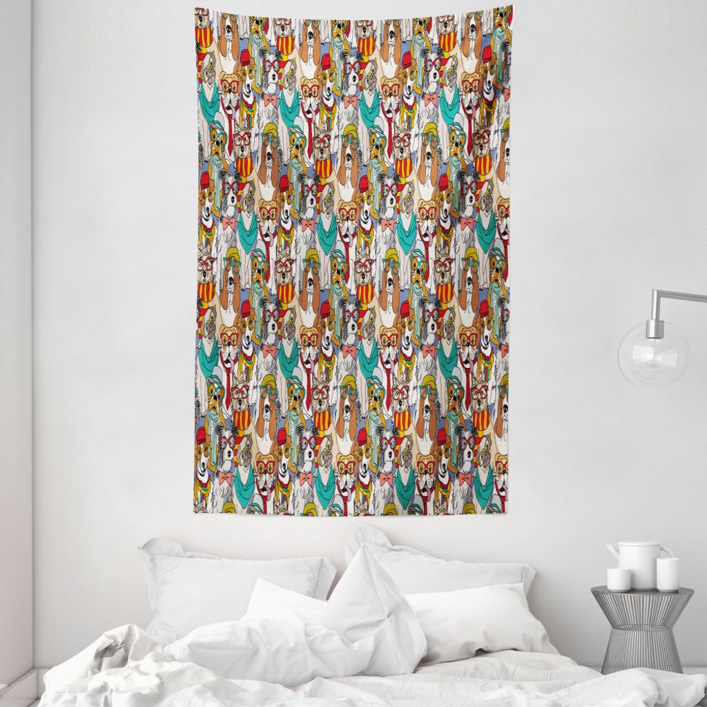 ABAKUHAUS Hundeliebhaber Wandteppich und Tagesdecke, Hipster Bulldog Mops aus Weiches Mikrofaser Stoff Waschbar ohne Verblassen Digitaldruck, 140 x...