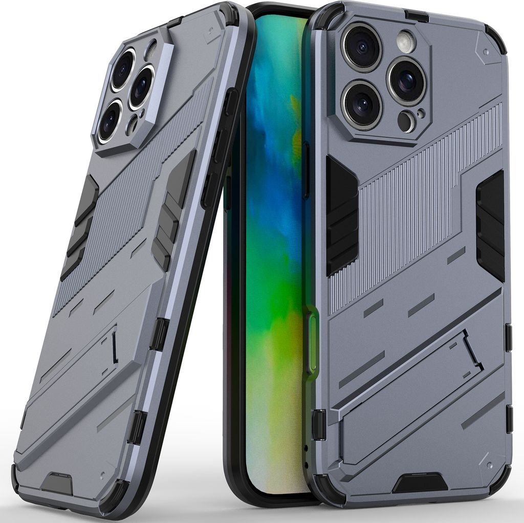 Armor Hülle für iPhone 16 Pro Max Hybrid PC TPU Bumper Stoßfestes Schutzhülle mit Standfunktion Grau
