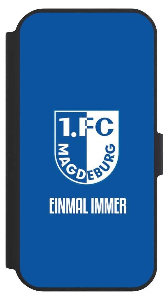NIVOCASE Klapphülle für Apple iPhone 15 Handyhülle aus Kunst Leder NIVOflip schwarz Offizielles Lizenzprodukt Wappen 1. FC Magdeburg