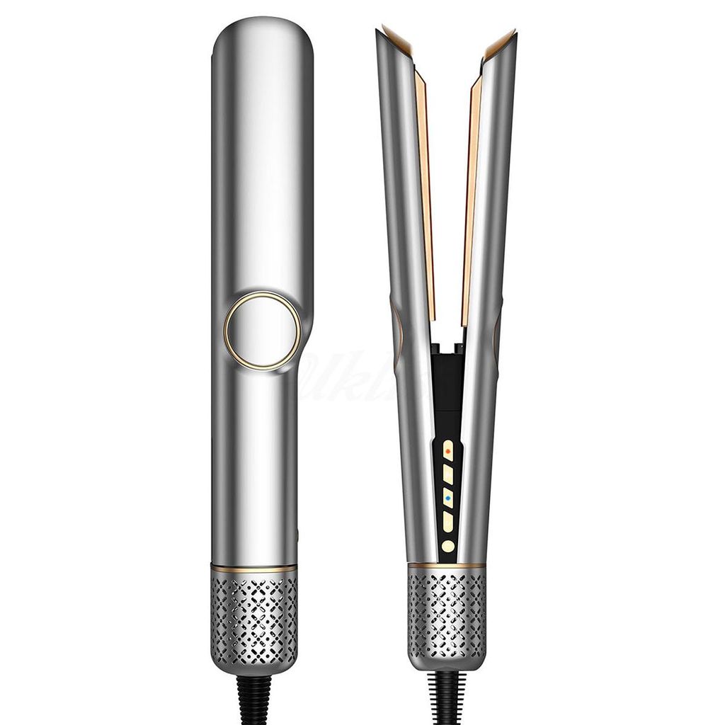 A studio shot of a hair dryer and hair straightener against a white background.