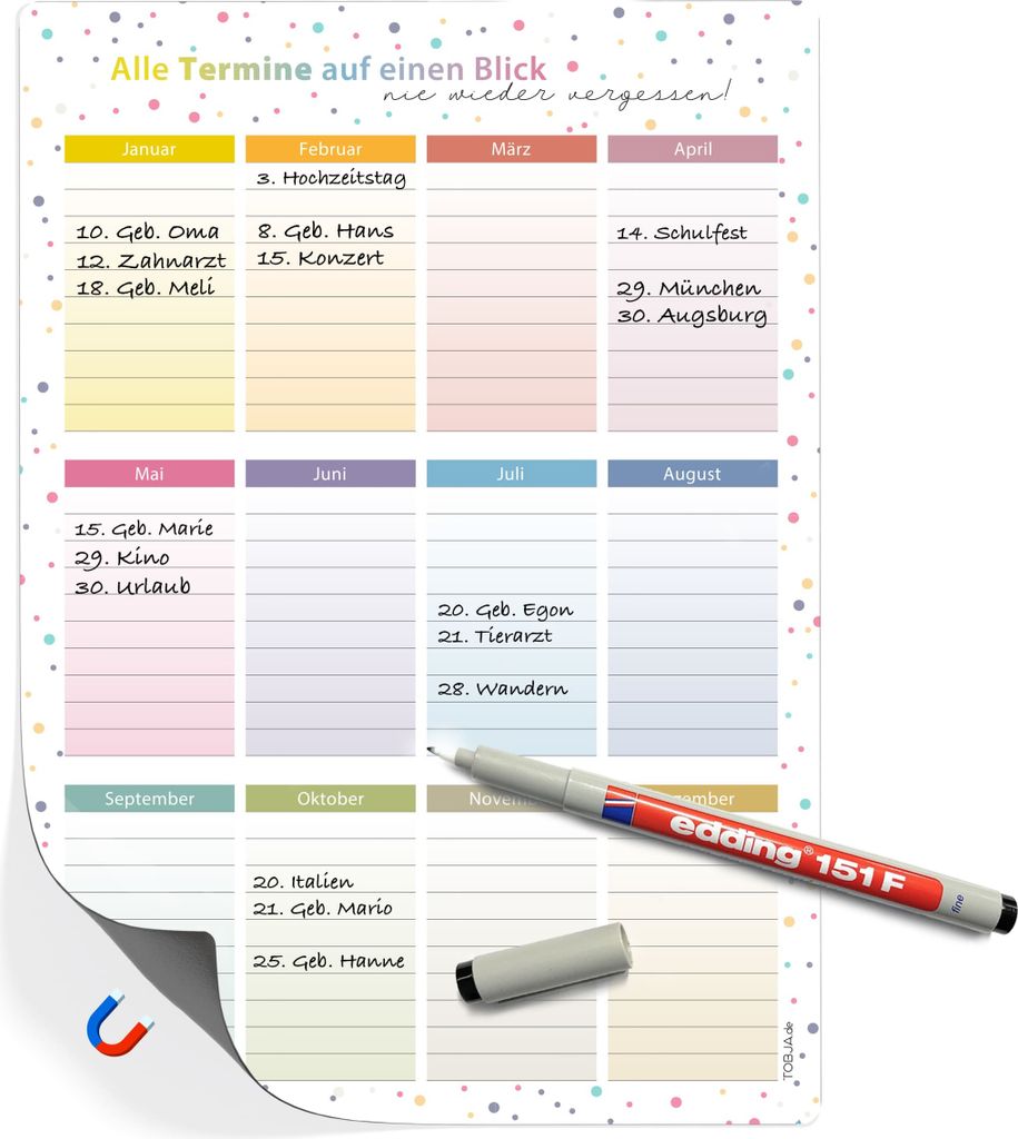Magnetischer Geburtstagskalender A4 inkl. Stift | Produktbild 