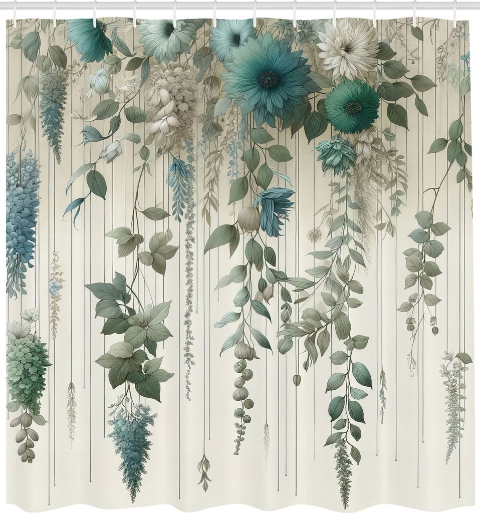 ABAKUHAUS Duschvorhang, Gedämpfte Farben Fantasiewaldblätter und Wildblumen auf beigem Hintergrund, Stoffliches Gewebe Badezimmerdekorationsset m...