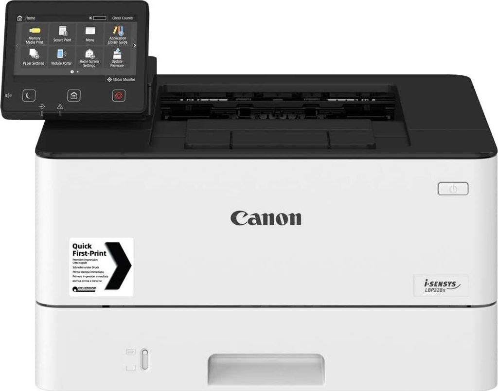 A Canon i-SENSYS LBP228x printer is shown from a front-facing angle against a white background.