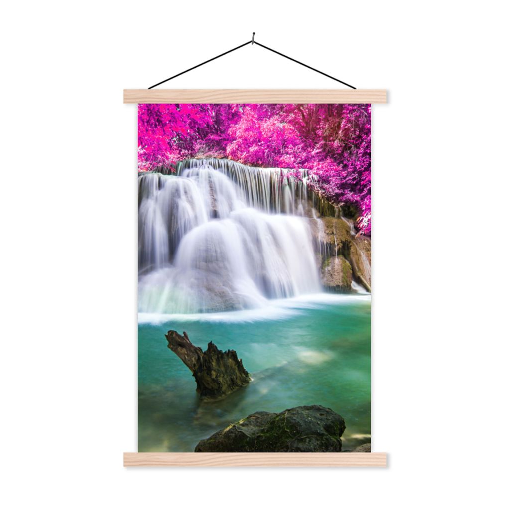 MuchoWow Textilposter Wasserfall - Rosa - Bäume 60x90 cm mit holzfarbenen Rahmen - Textil