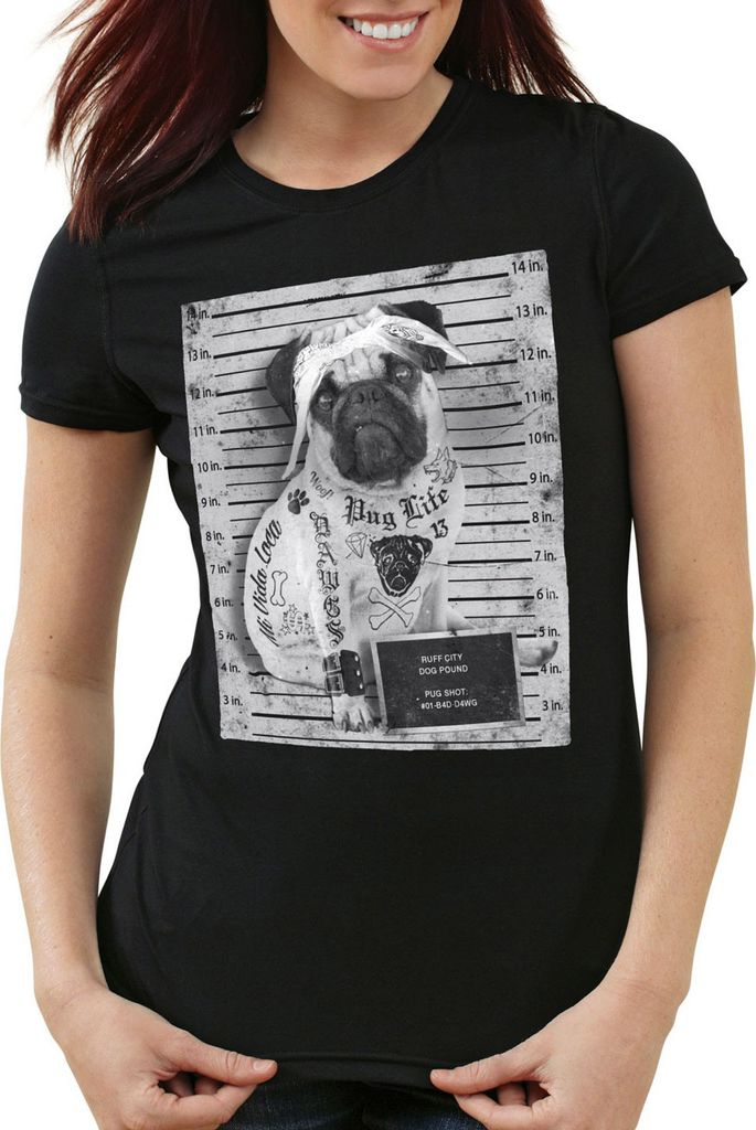 style3 Pug Tattoo T-Shirt Damen mops hund gangster rock motorrad tattoed biker usa, Farbe:Schwarz, Größe:XL