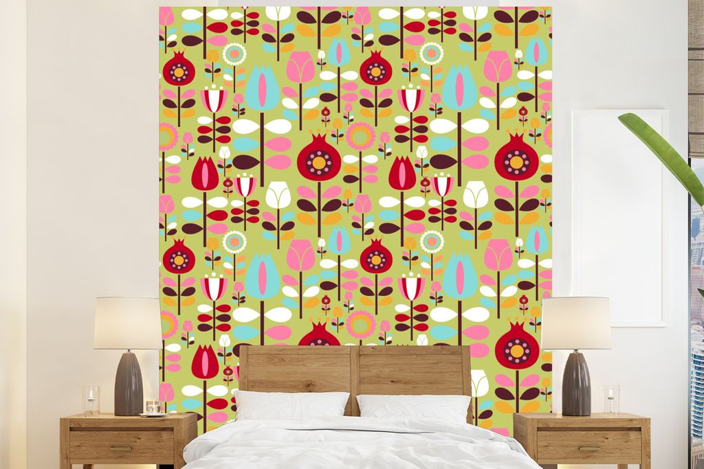 MuchoWow Fototapete für Wohnzimmer oder Schlafzimmer Wandtapete Vinyl Motivtapete Muster - Blumen - Farben - 195x240 cm - Gemusterte