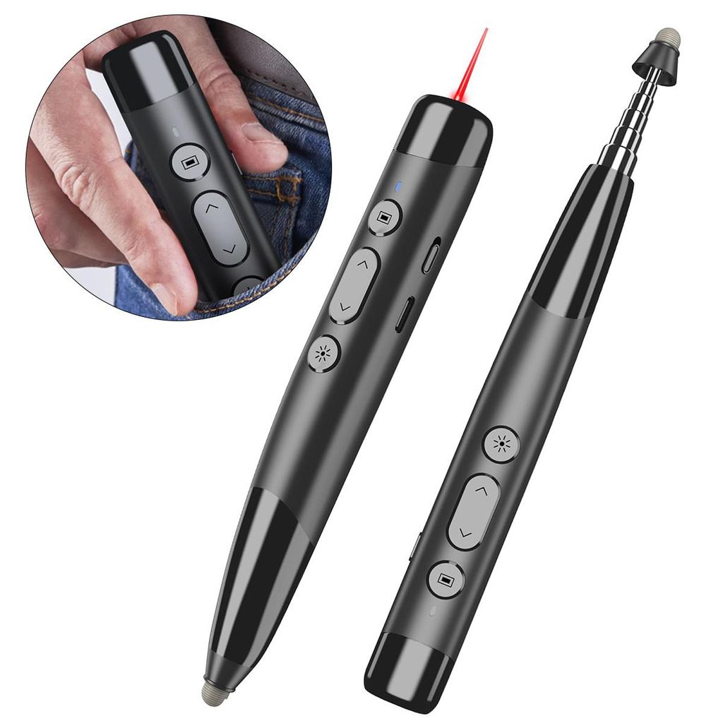 Präsentationszeiger 2-in-1, PPT-Clicker mit Stift, Teleskopzeiger, Hyperlink-Steuerung & Lautstärkeregelung, USB-aufladbar, kompatibel mit PC/Mac