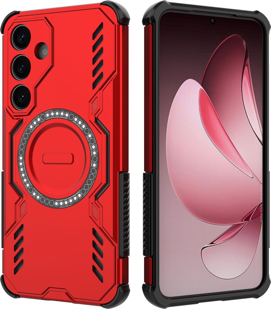 Magnetisch Hülle für Samsung Galaxy S25 FE, Hybrid PC TPU Bumper Stoßfestes Loch Wärmeableitung Handyhülle Rot