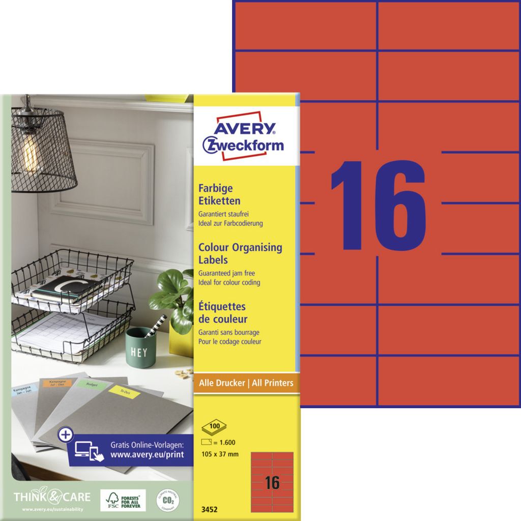 Avery Zweckform 3452 Farbige Etiketten, A4, 105 x 37 mm, 100 Bogen/1.600 Etiketten, rot
