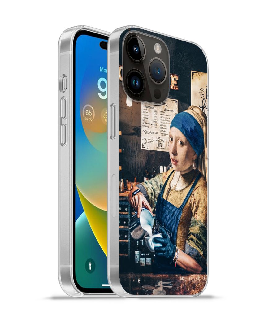 MuchoWow Handyhülle Schutzhülle Hülle für Apple iPhone 14 Pro - Softcase Mädchen mit Perlenohrring - Cappuccino - Barista - Vermeer - Kaffee...