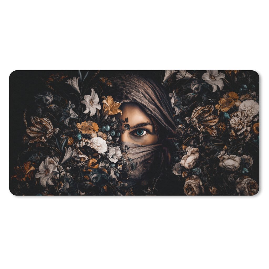 MuchoWow Schreibtischunterlage Frau - Luxus - Blumen - Schmetterling - Porträt 80x40 cm - XXL Mauspad - Gaming Mauspad