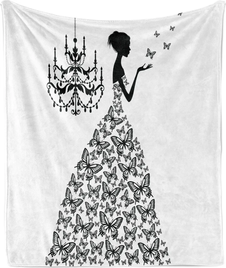 ABAKUHAUS Coperta in morbido pile di flanella, motivo romantico con donne e farfalle, illustrazione in stile parigino, 175 x 230 cm, grigio antracite e bianco