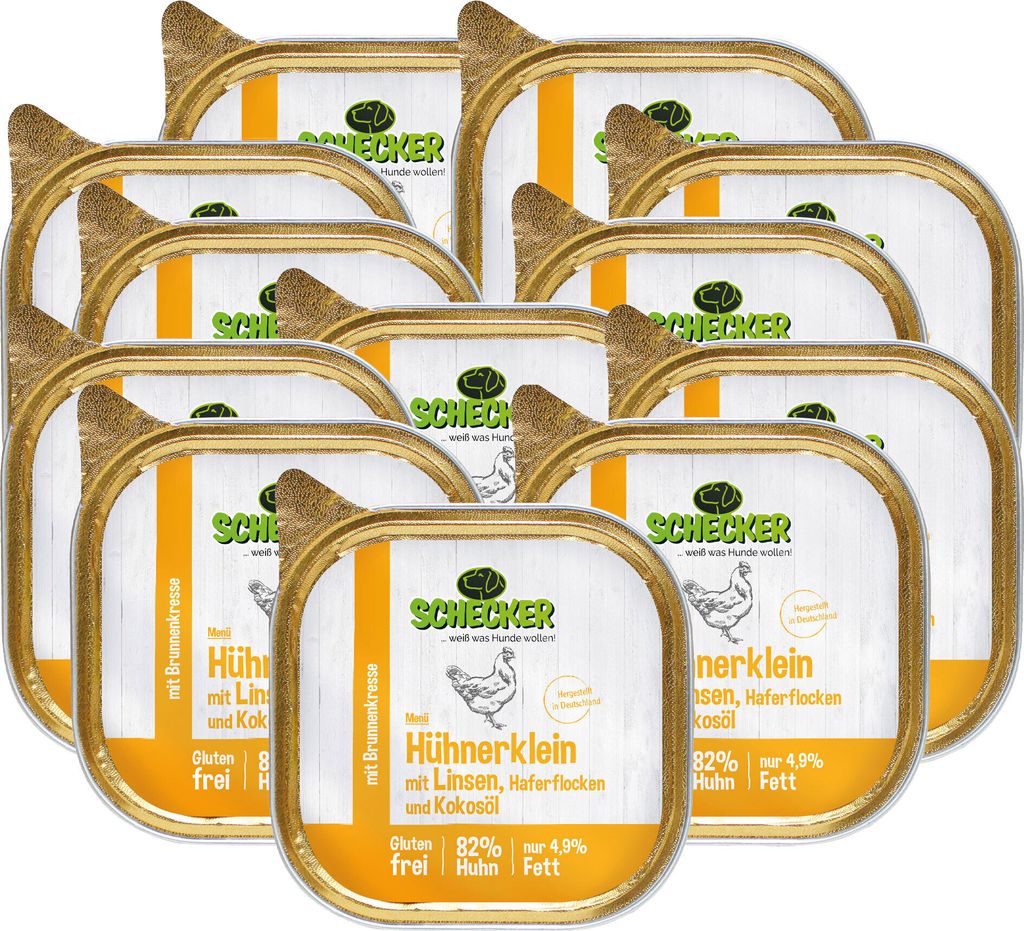 Schecker 12 x 200 g - Nassfutter Dosenfutter mit 82% Huhn Hühnerklein mit Linsen Haferflocken