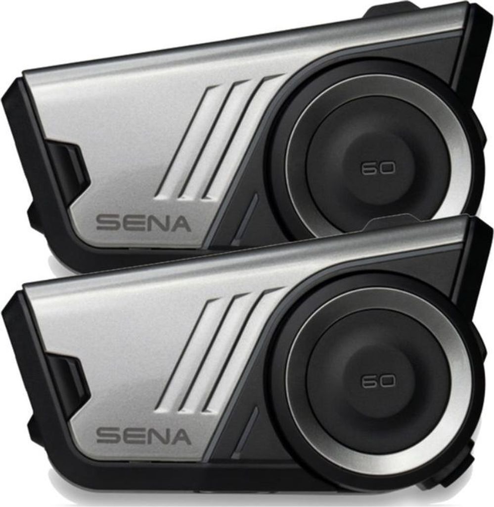 Two Sena communication devices are stacked on a white background.