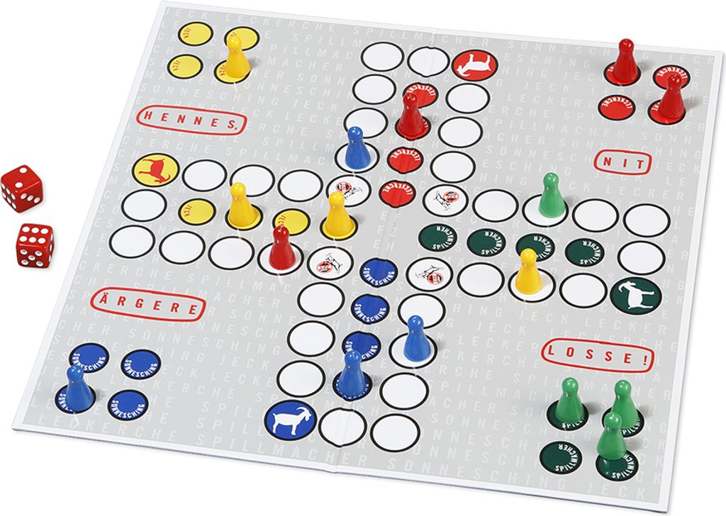 A board game with pawns and dice on a patterned board.